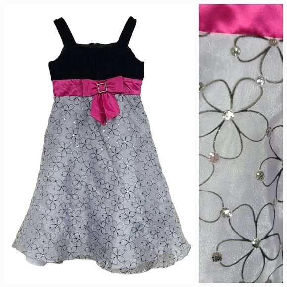 Girls Formal Dress Black Velvet Hot Pink Silver Glitter Flower Girl Occasion 7 - Picture 1 of 12